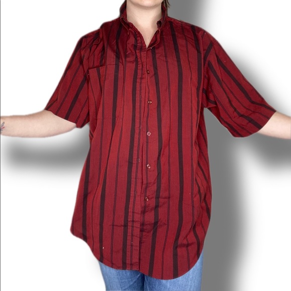 Vintage ‘Puritan’ Mens Short Sleeve Button Up Dark Red and Black Stripe Shirt - Picture 2 of 9
